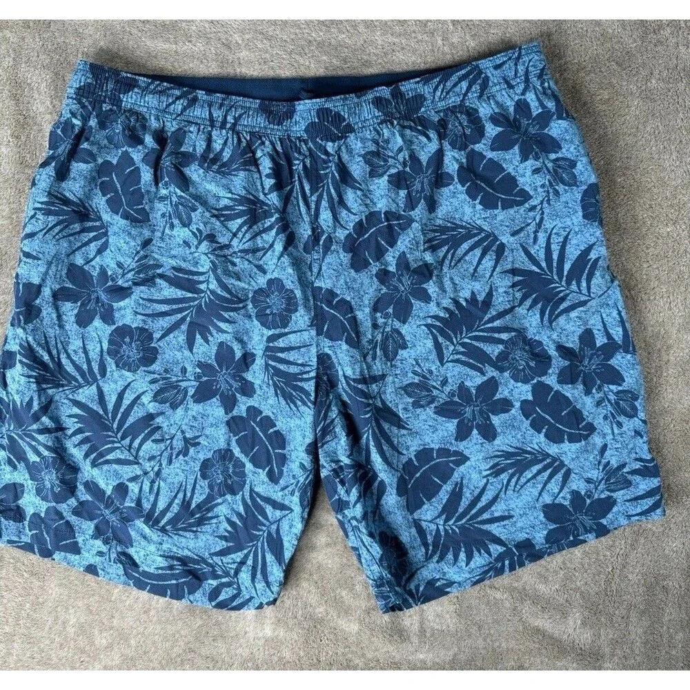Kirkland Signature Mens XXL Blue Hawaiian Floral Swim Trunks Lined Shorts
